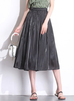 Fashionable Metal Monochrome Pleated Midi Skirt