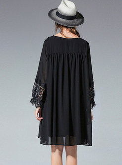 Solid Color Loose Mesh Splicing Lace Chiffon Dress
