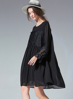 Solid Color Loose Mesh Splicing Lace Chiffon Dress