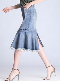 Asymmetric Washed Denim Skirt With Tied Tassel Detail 