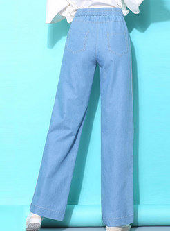 Brief Light Blue Straight Denim Floor-length Pants