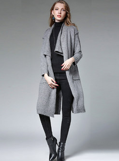 Solid Color Lapel Tied Loose Knitted Coat