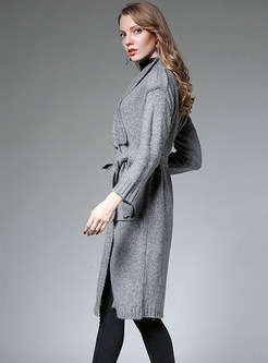 Solid Color Lapel Tied Loose Knitted Coat