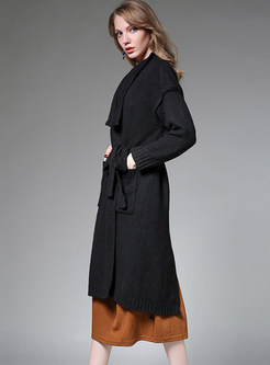 Plus Size Lapel Tied Pocket Knitted Coat