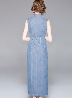 Single-breasted Lapel High Waist Sleeveless Maxi Dress
