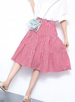 Brief Pure Color Elastic Waist Plaid Midi Skirt