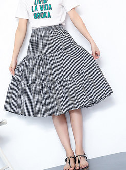 Brief Pure Color Elastic Waist Plaid Midi Skirt