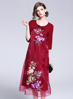 Vintage Mesh Splicing Embroidered Loose Maxi Dress