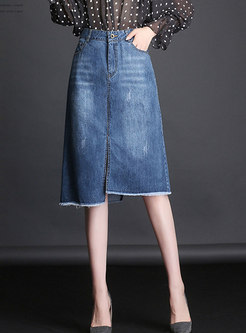 Stylish Blue Slit-front Washed Denim Midi Skirt