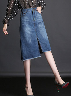 Stylish Blue Slit-front Washed Denim Midi Skirt