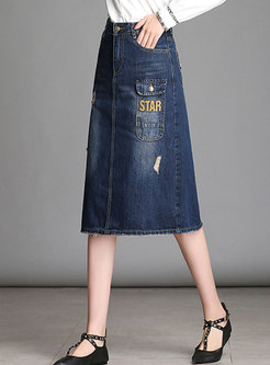 Trendy High Waist Washed Denim Sheath Midi Skirt