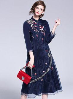 Three Quarters Sleeve Single-breasted Embroidered Dress