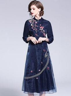Three Quarters Sleeve Single-breasted Embroidered Dress