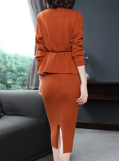Elegant Knitted Slit Sundress & Long Sleeve Top