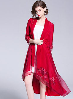 Chic Red Asymmetric Embroidered Kimono
