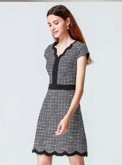 Elegant Grid V-neck High Waist Slim Dress