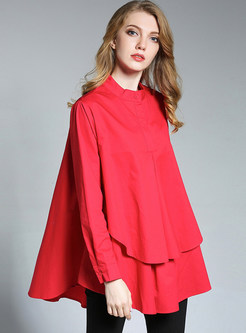 Fashionable Pure Color Stand Collar Loose Blouse