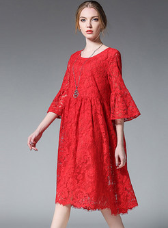Solid Color Flare Sleeve Asymmetric Hem Lace Dress