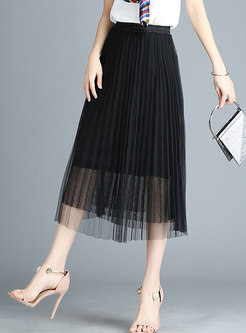 Lace-paneled See-through Look Shirred Skirt