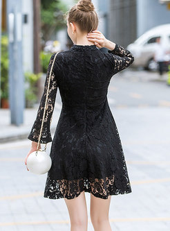 Black Lace-paneled Standing Collar Skater Dress