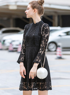 Black Lace-paneled Standing Collar Skater Dress