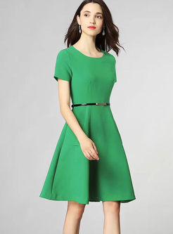 Pure Color O-neck Belted A Line Dress