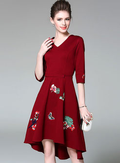 Three Quarters Sleeve Embroidered Tied Asymmetric Dress