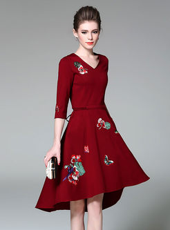 Three Quarters Sleeve Embroidered Tied Asymmetric Dress