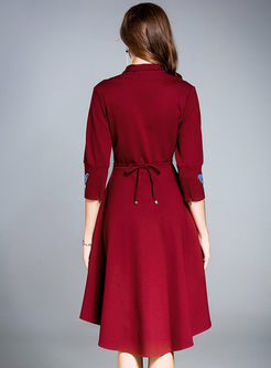 3/4 Sleeve Embroidered Asymmetric A Line Dress
