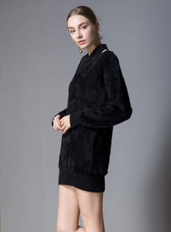 Chic Black V-neck Hollow Out Loose Sweater