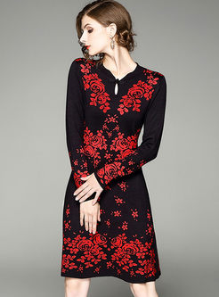 Ethnic Print Stand Collar Long Sleeve Slim Knitted Dress