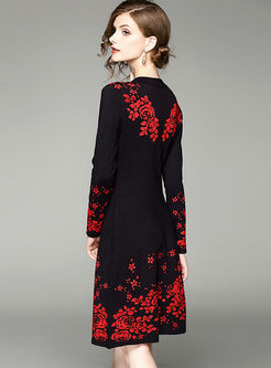 Ethnic Print Stand Collar Long Sleeve Slim Knitted Dress