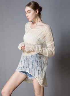 Solid Color Hollow Out Asymmetric Pullover Knitted Sweater