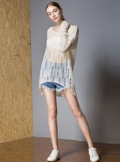 Solid Color Hollow Out Asymmetric Pullover Knitted Sweater
