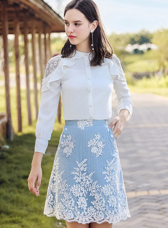 Trendy Sweet Embroidered Irregular Hem Denim Skirt