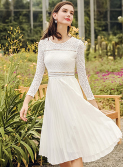 White Brief Hollow Out Lace Pleated A Line Dress