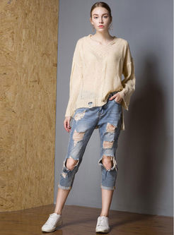 Pure Color Hollow Out V-neck Loose Sweater