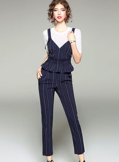 White Knitted T-shirt With Striped Slim Vest & Striped Pencil Pants
