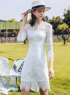 Solid Color Hollow Out Waist Lace Dress