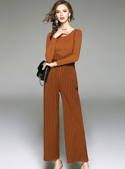 Pure Color V-neck Slim Knitted Top & Striped Overall