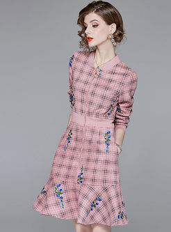 Grid Embroidered High Waist Falbala Slim Dress