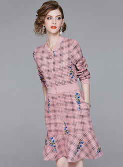 Grid Embroidered High Waist Falbala Slim Dress