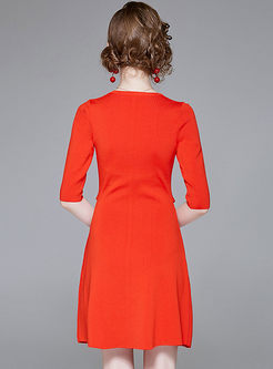 Solid Color Half Sleeve Belted A Line Dress