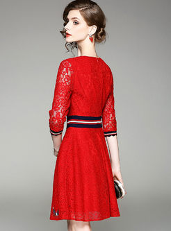 Red Butterfly Embroidered Gathered Waist Lace Dress
