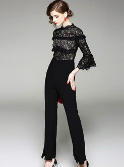 Sexy Lace Splicing Flare Sleeve High Waist Jumpsuit