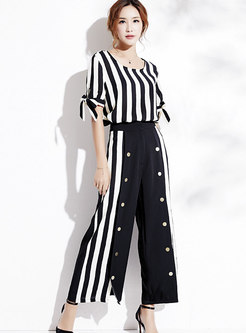 Stylish Multi-striped O-neck Two-piece Outfits