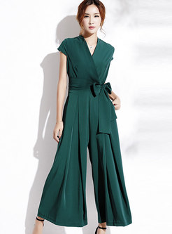 Fashionable Green Self-Tie Loose Jumpsuit