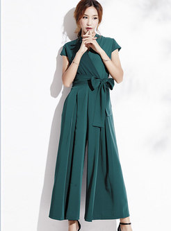 Fashionable Green Self-Tie Loose Jumpsuit