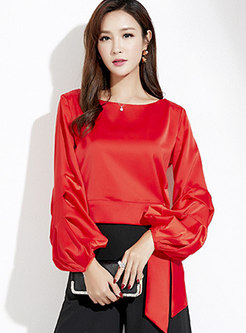 Solid Color Lantern Sleeve Belted Chiffon Top