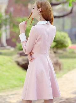 Sweet Color-blocked Doll Collar Tied A Line Dress